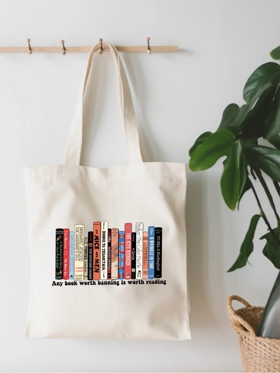 Handbags - Canvas Book Tote Bag in Natural - Any Book Worth Banning Design